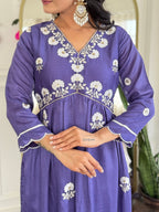 The52 Women's Gorgeous Vichitra Silk Embroidery Flared Kurta with Pant And Dupatta Set - Distacart
