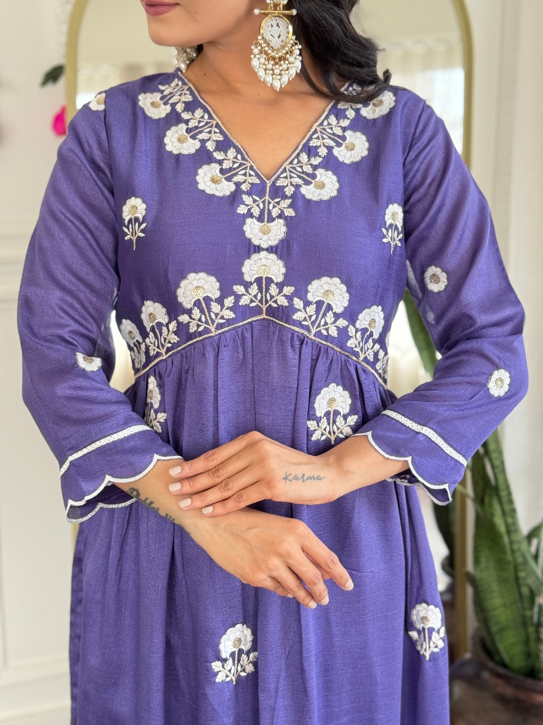 The52 Women's Gorgeous Vichitra Silk Embroidery Flared Kurta with Pant And Dupatta Set - Distacart