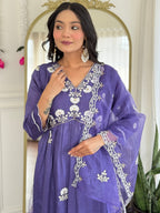 The52 Women's Gorgeous Vichitra Silk Embroidery Flared Kurta with Pant And Dupatta Set - Distacart