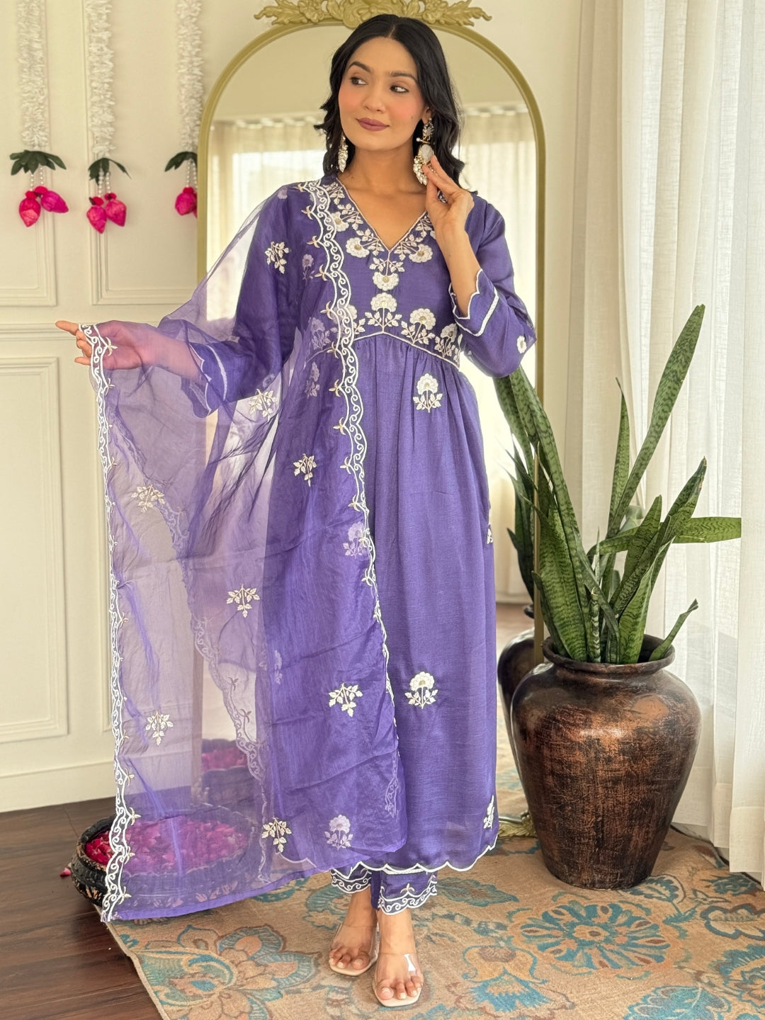 The52 Women's Gorgeous Vichitra Silk Embroidery Flared Kurta with Pant And Dupatta Set - Distacart