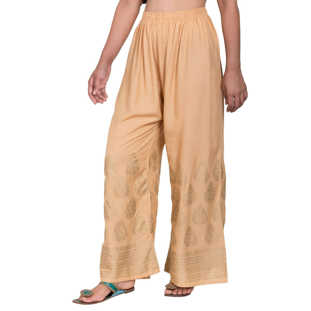 PAVONINE Beige Color Golden Printed Rayon Fabric Sharara For Women & Girls - Distacart