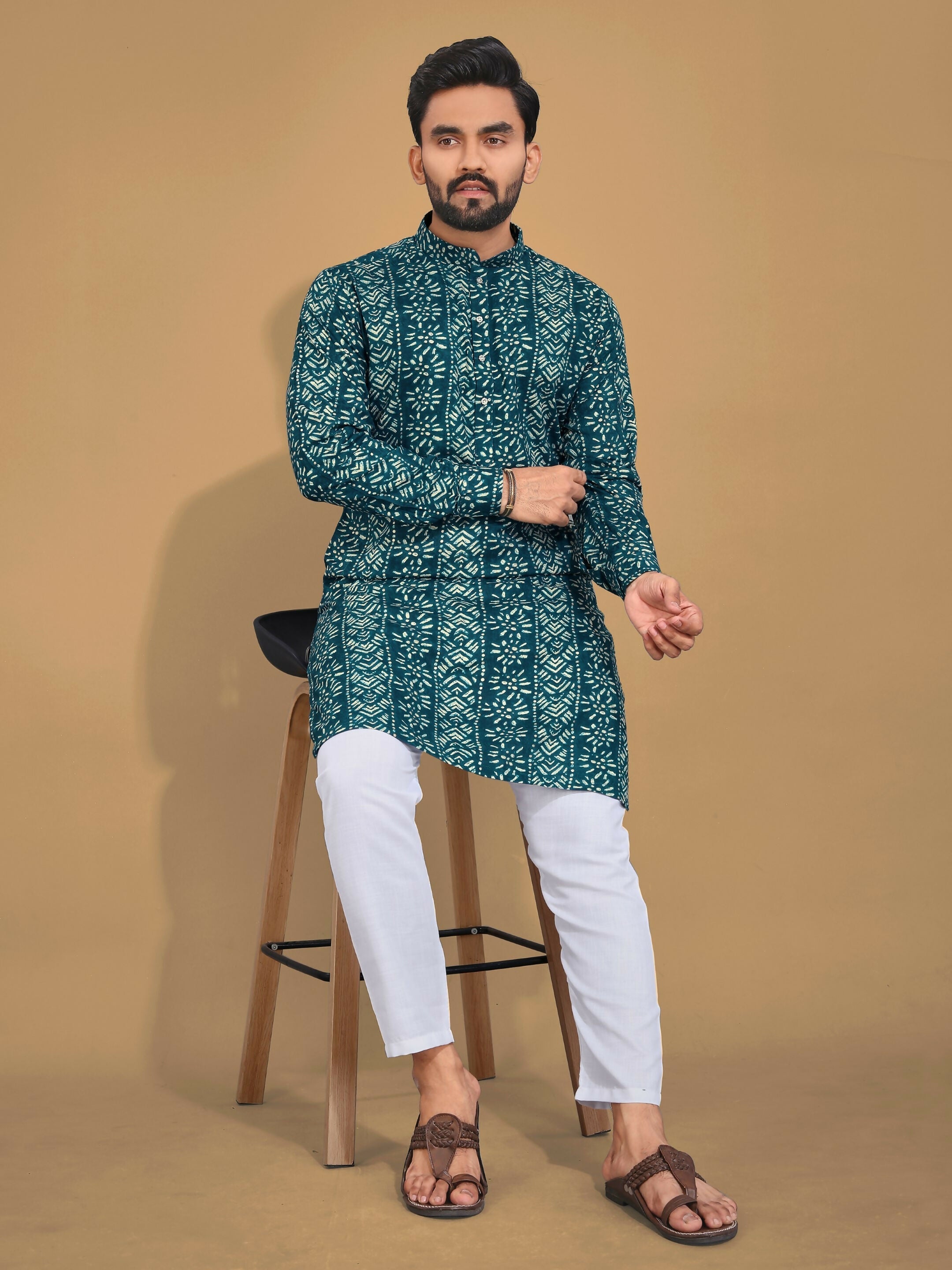 Anaita Teal Printed Cotton Straight Kurta
