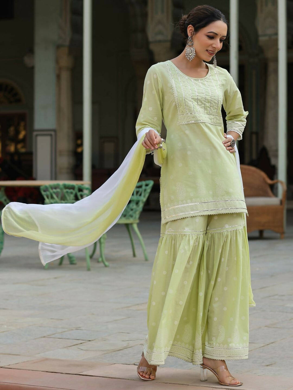 Juniper Women's Lime Green Cambric Floral Print Kurta Sharara Sets - Distacart