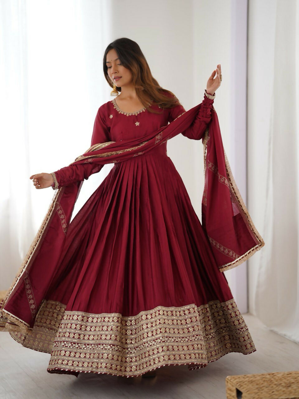 The52 Women's Gorgeous Chinon Silk Fabric Embroidery Work Flared Anarkali Pant and Dupatta Set - Distacart