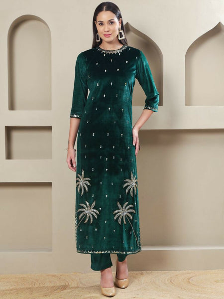 Joban Fashion Women Green Velvet Hand Embellishment Stitched Kurta Set
