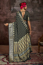 Joban Fashion Black Art Silk With Fine Viscose Border Ajrak Full Body Print With Soft Finish Saree - Distacart