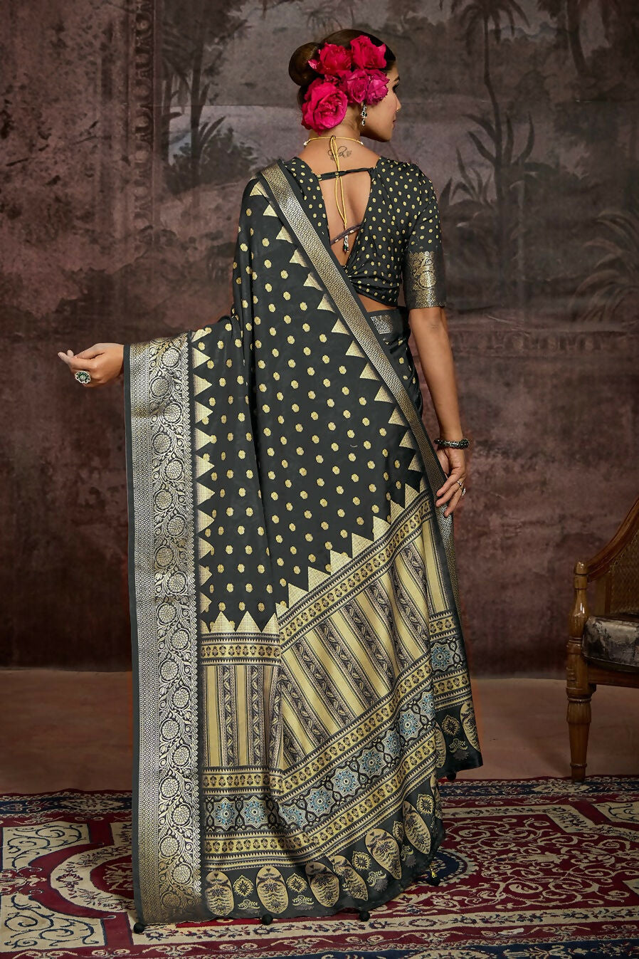 Joban Fashion Black Art Silk With Fine Viscose Border Ajrak Full Body Print With Soft Finish Saree - Distacart