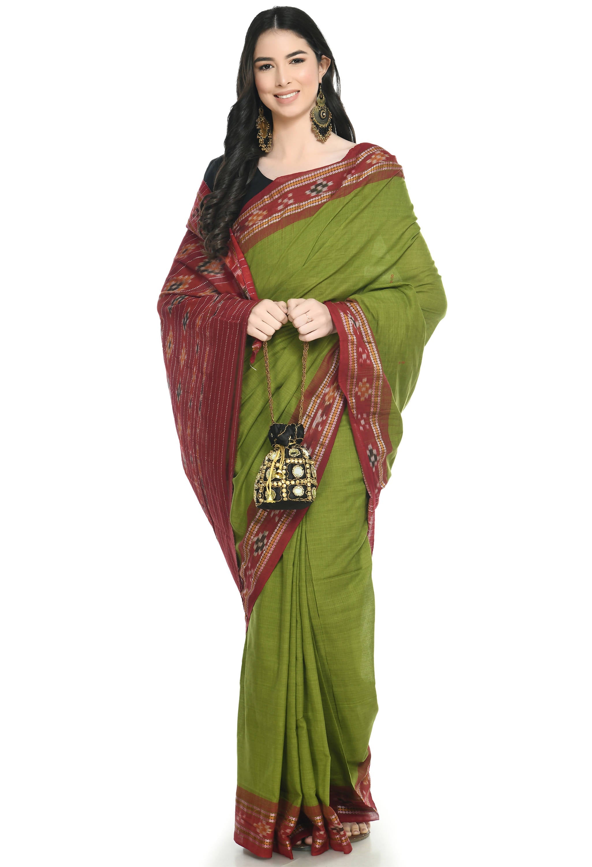Vamika Sambalpuri Ikat Cotton Rekhabala Buti Green & Red Saree - Distacart