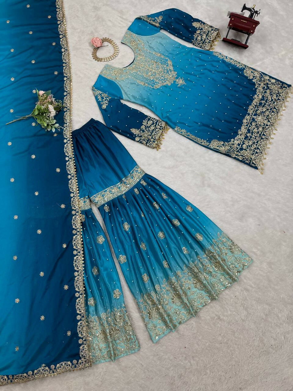 The52 Women's Beautiful Chinon silk Fabric Embroidery Work Straight Kurta Palazzo and Dupatta Set - Distacart