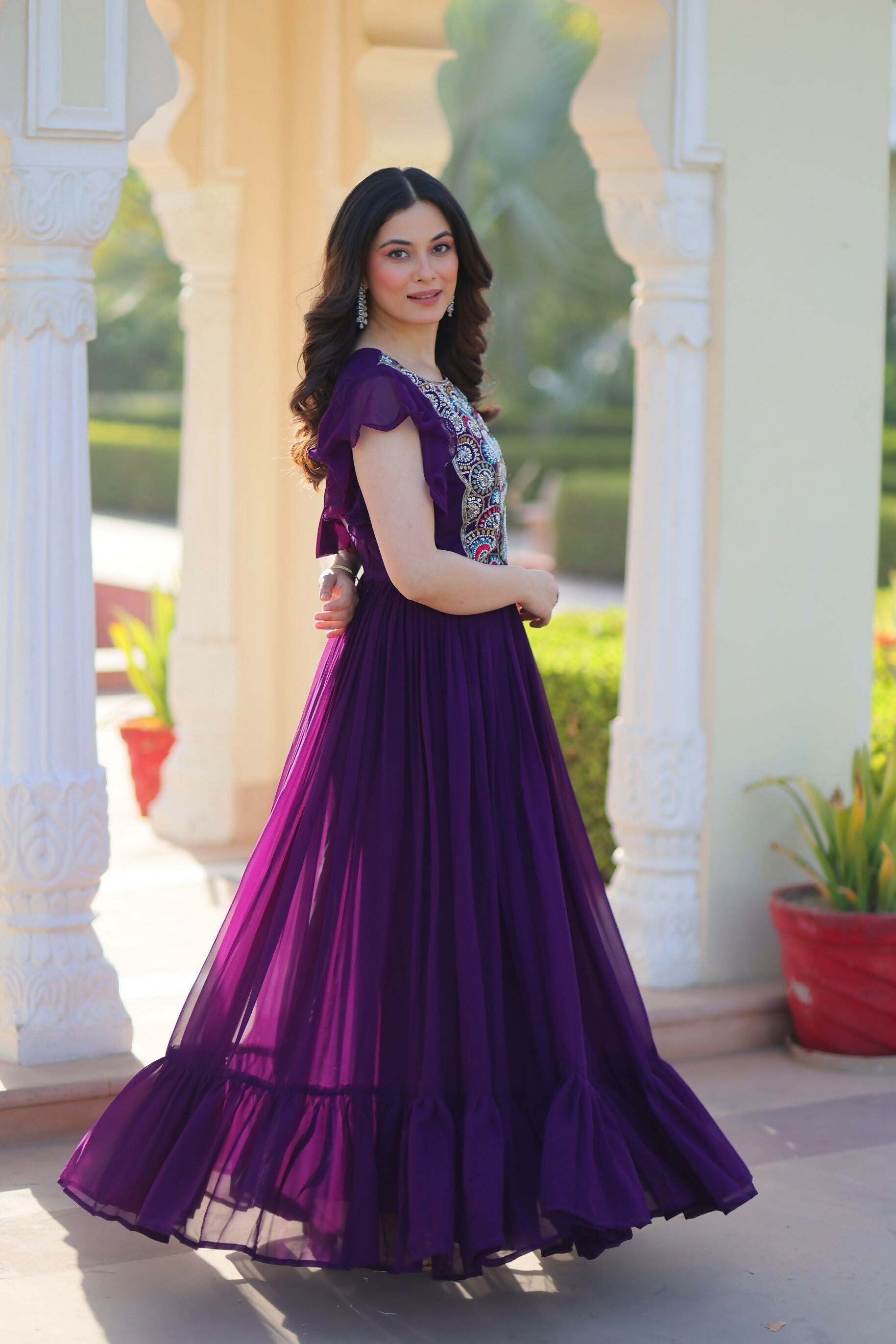 Joban Fashion Purple Georgette Sequence Embroidery Work Gown - Distacart