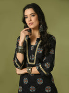 Myshka Women's Black Printed Cotton Straight Party Kurta Set