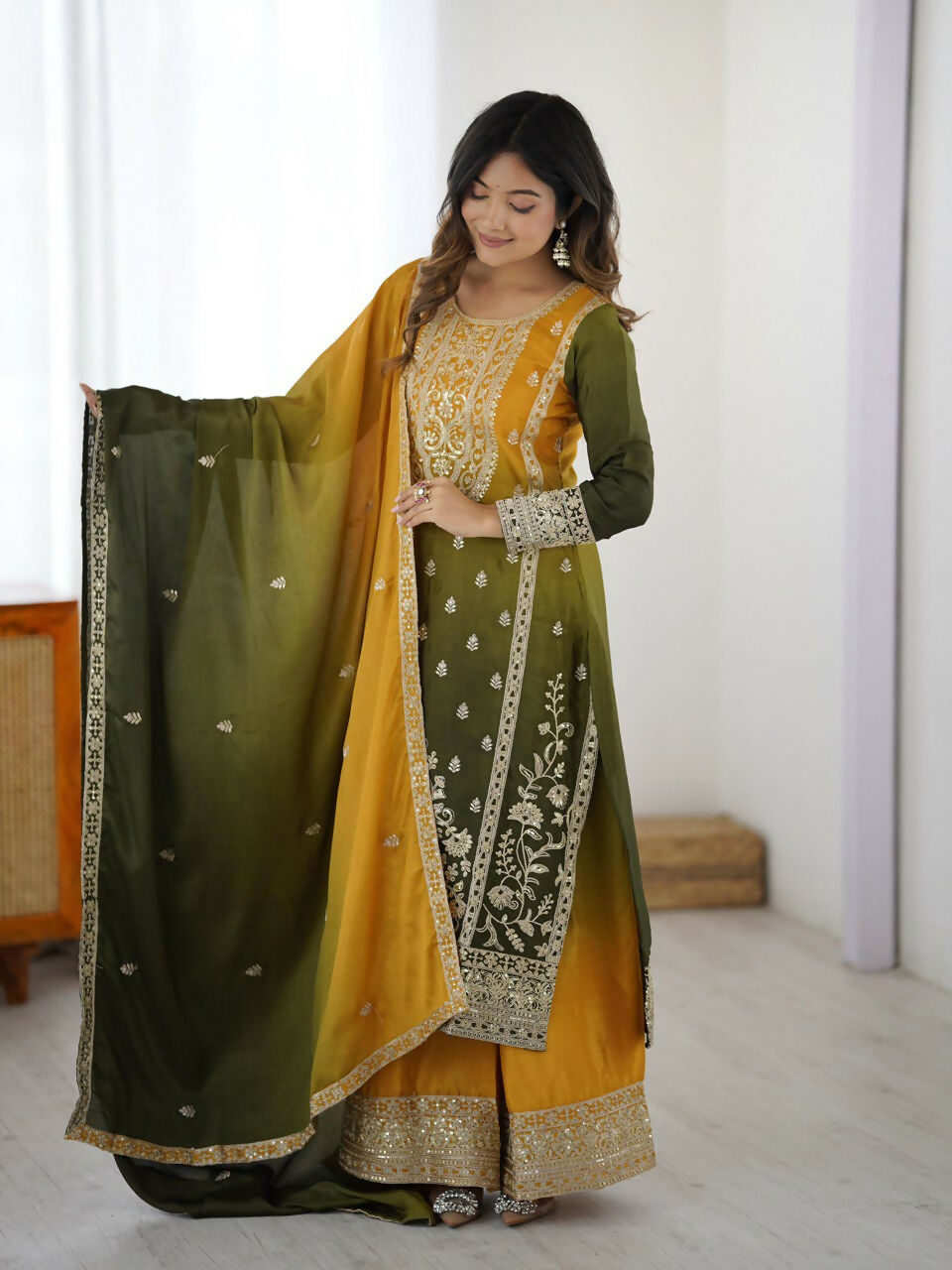 The52 Women's Gorgeous Chinon silk Fabric Embroidery Work Straight Kurta Palazzo and Dupatta Set - Distacart