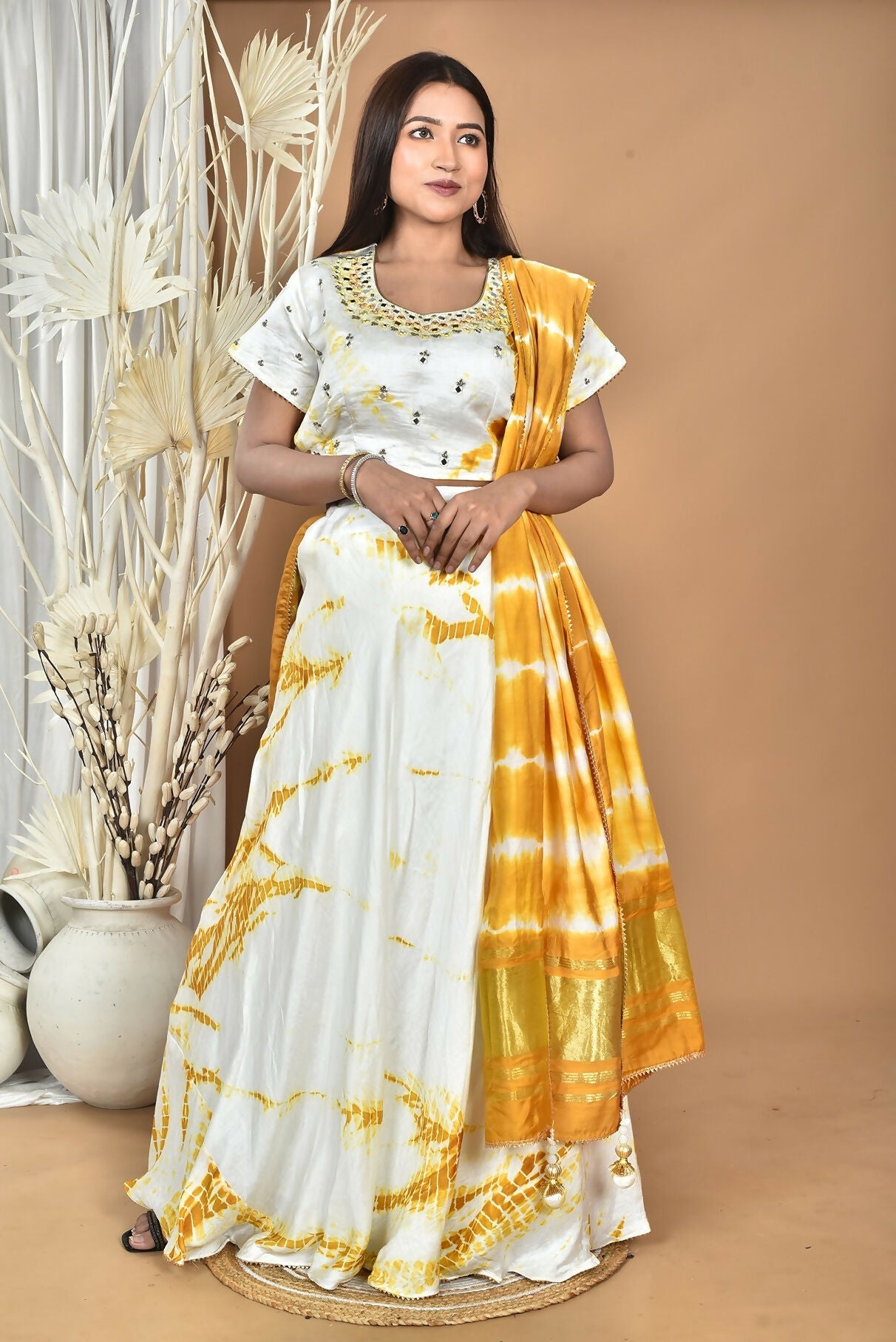 Morchari Women Tai Dai And Hand Embroidery Lehenga-Yellow