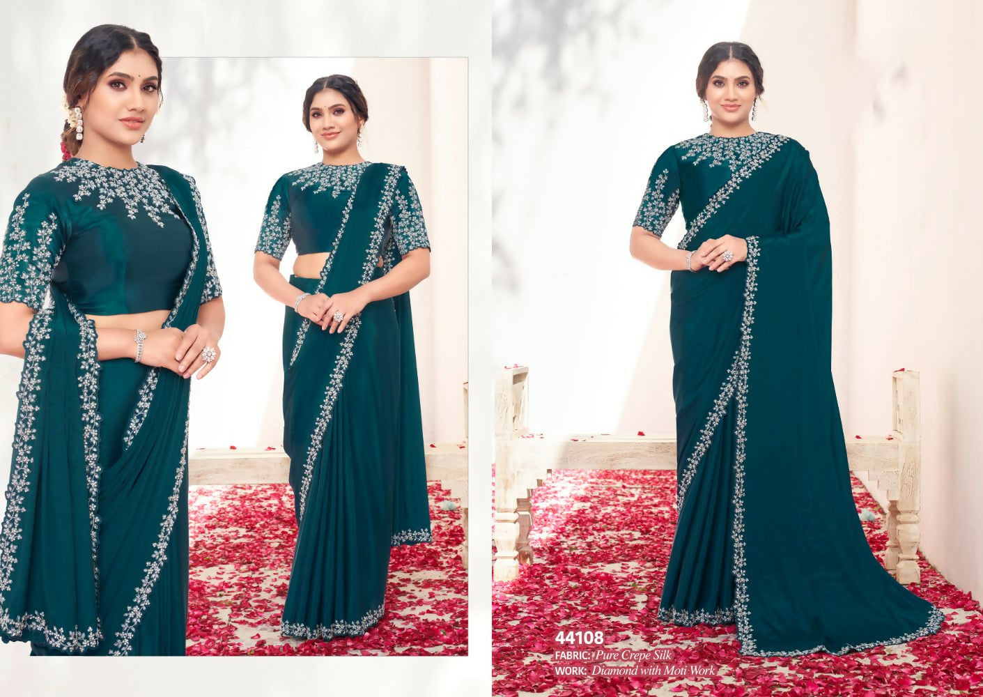 Teal Blue Pure Crepe Silk Moti work Saree with Unstitched Blouse - Norita Varya