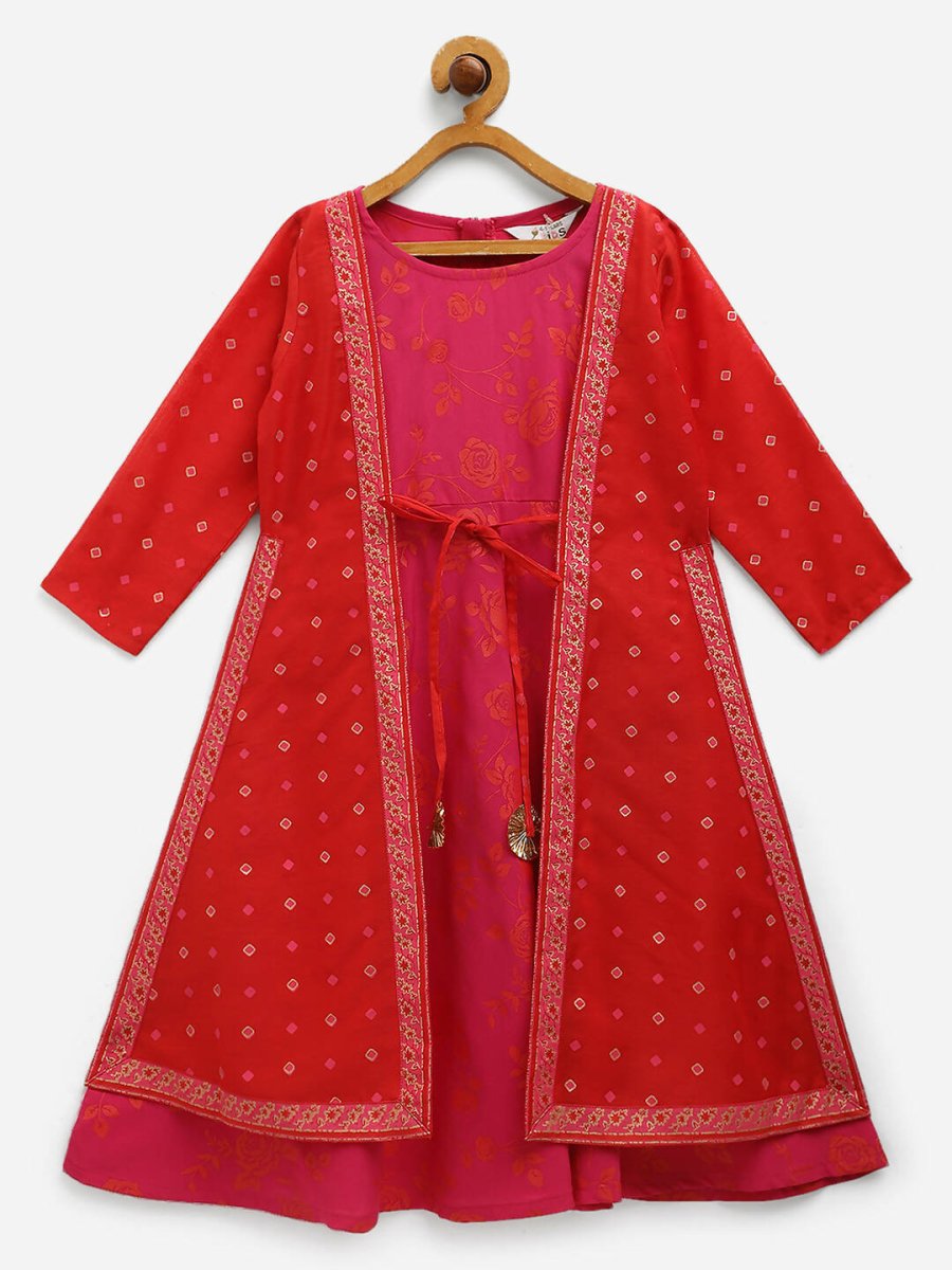 Ahalyaa Dark Pink Crepe Khari Print kids Dress Attached Jacket For Girls