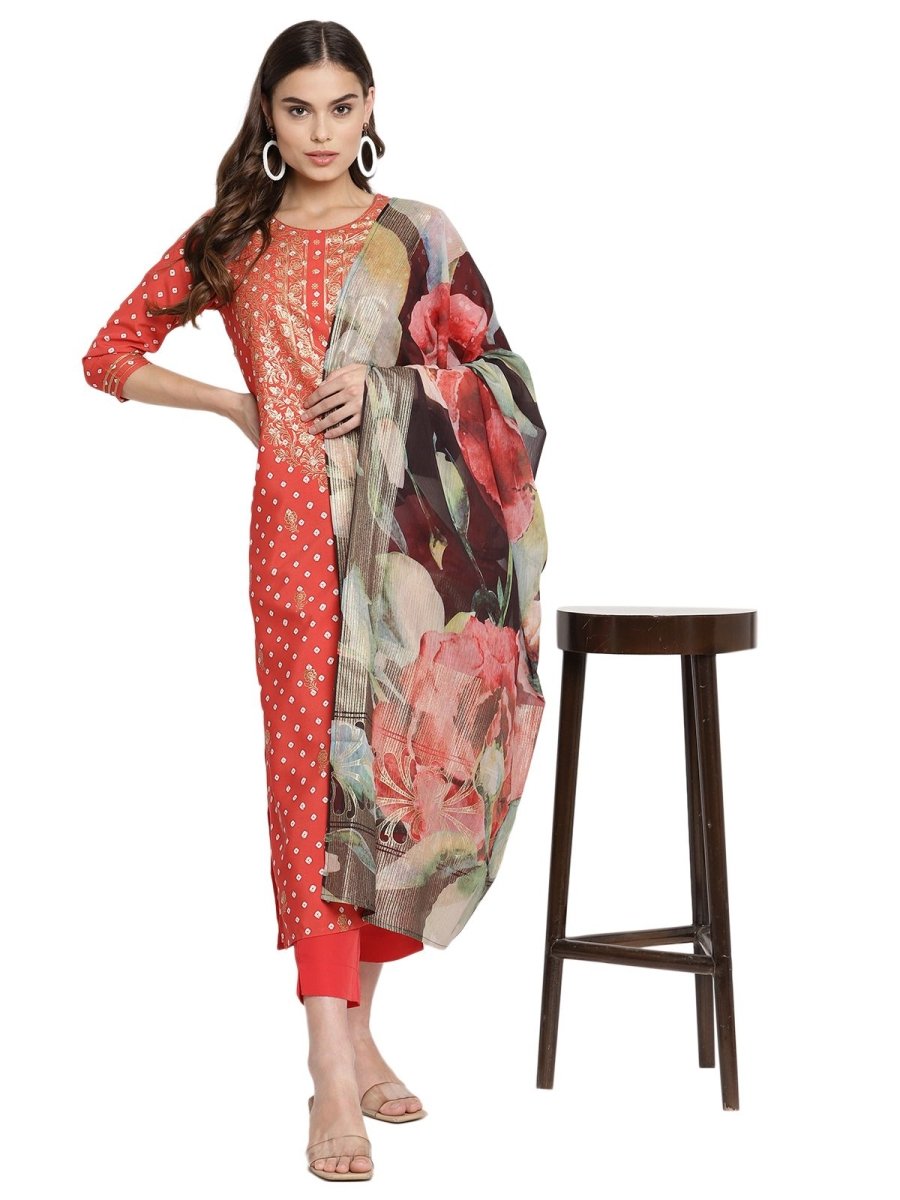 Ahalyaa Red Crepe Bandhani Gold Printed Kurta Pant With Dupatta