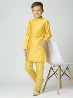 Joban Fashion Kids Island Full Sleeves Chanderi Kurta, Pyjama Set with Traditional Butta Work - Yellow - Distacart