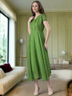 Souchii Green Printed Midi Dress – Flowy Fit & Flare