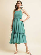 Light Blue Cotton Solid Flared Dress with Printed Shrug - Yukti - Distacart