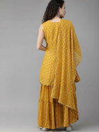 Ahalyaa Mustard Georgette Gold Foil Print Peplum Kurta Sharara Set With Dupatta - Distacart