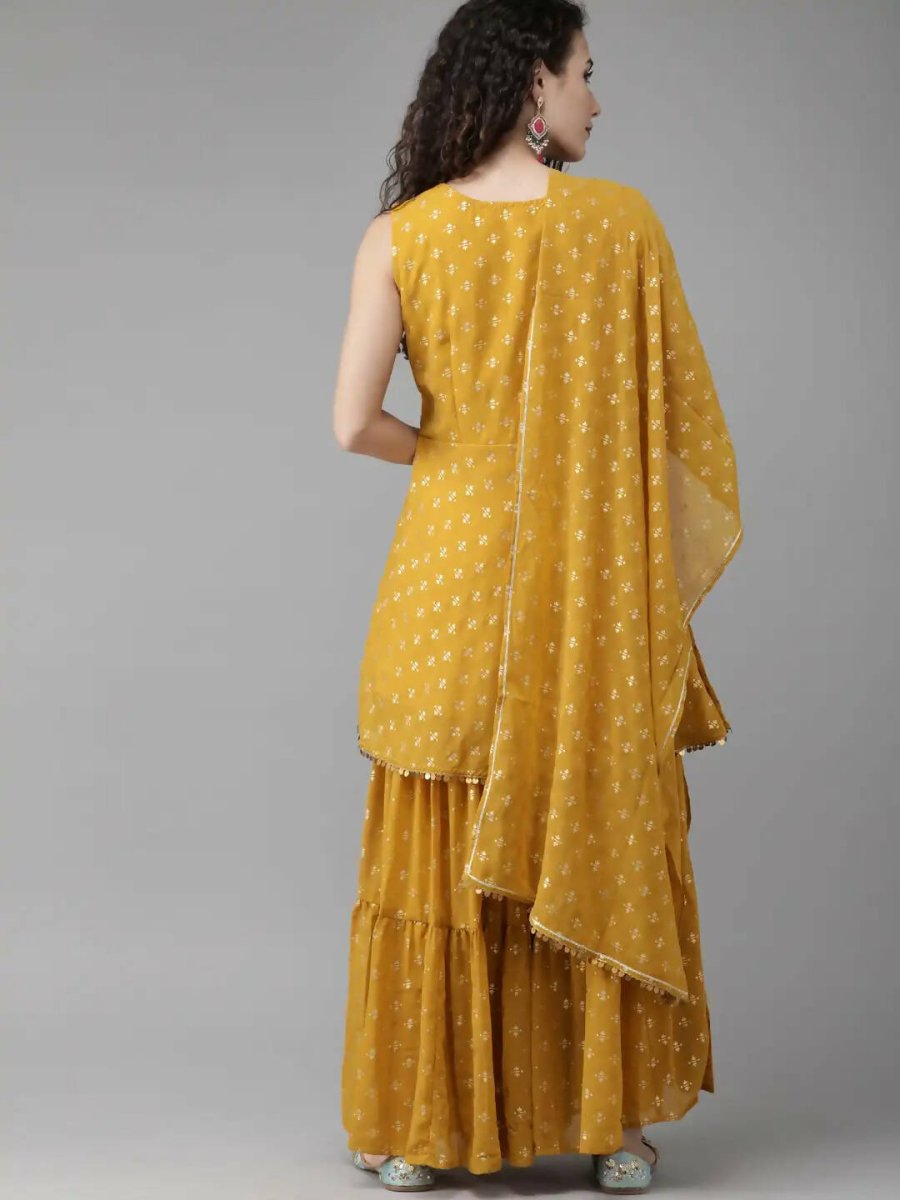 Ahalyaa Mustard Georgette Gold Foil Print Peplum Kurta Sharara Set With Dupatta - Distacart