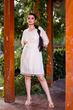 Aayaa Designer Multi Thread Hand Work Khadi Cotton One Piece Dress - Off White