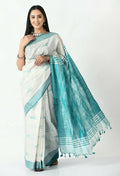 Mominos Fashion Moeza White & Sea Green Bhagalpuri Handloom Ikat Pure Cotton Saree with unstitched Blouse piece - Distacart