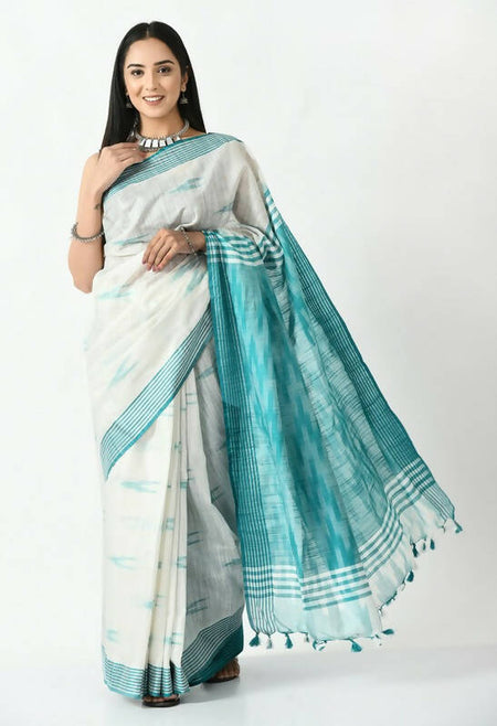 Mominos Fashion Moeza White & Sea Green Bhagalpuri Handloom Ikat Pure Cotton Saree with unstitched Blouse piece