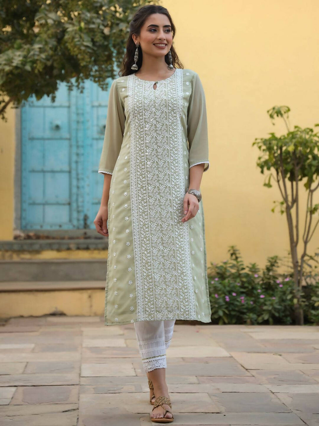 Juniper Women's Ltgreen Georgette Printed Kurta - Distacart