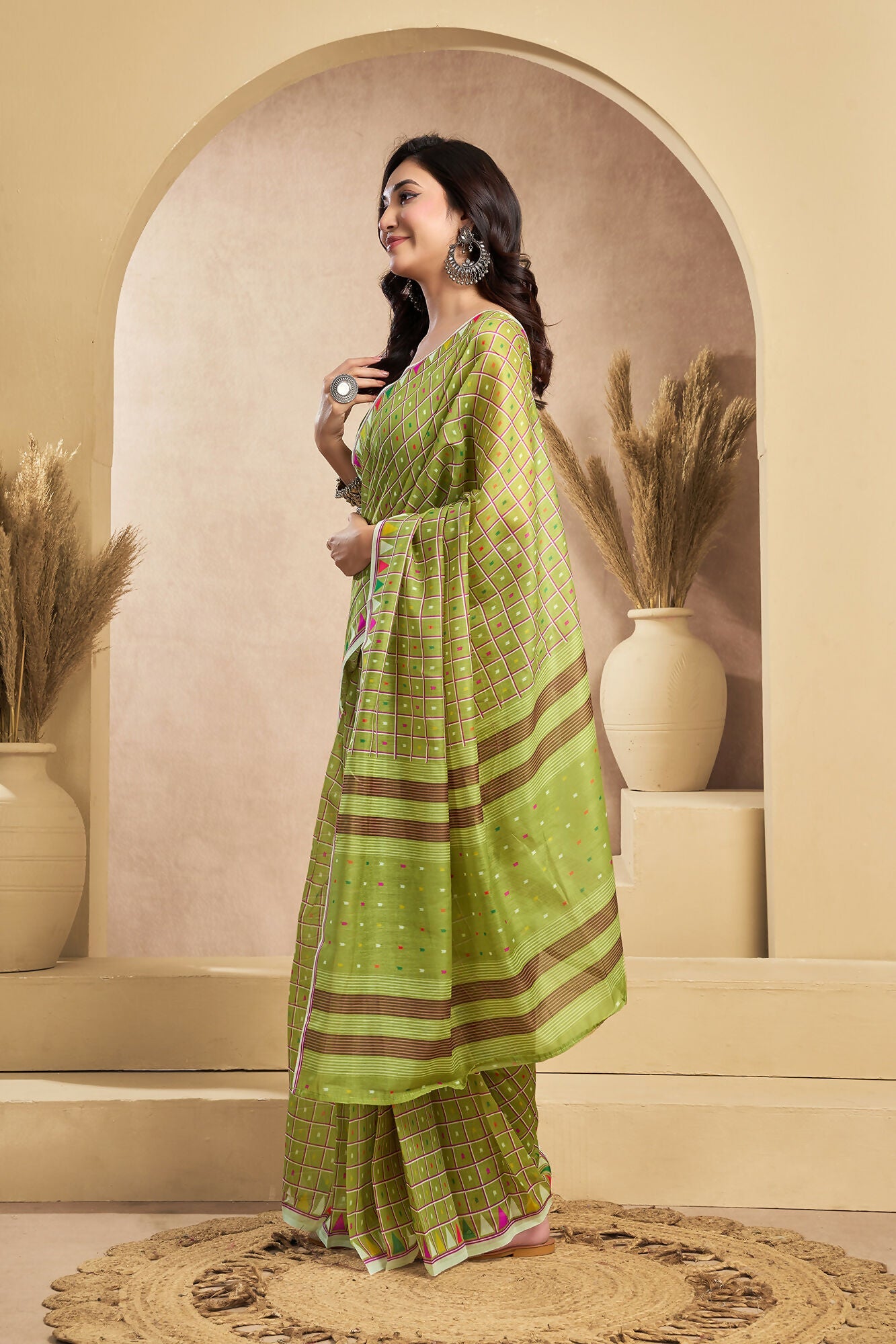 Vastranavya Mehendi Digital Printed Linen Ready To Wear Designer Saree with Unstitched Blouse - Distacart