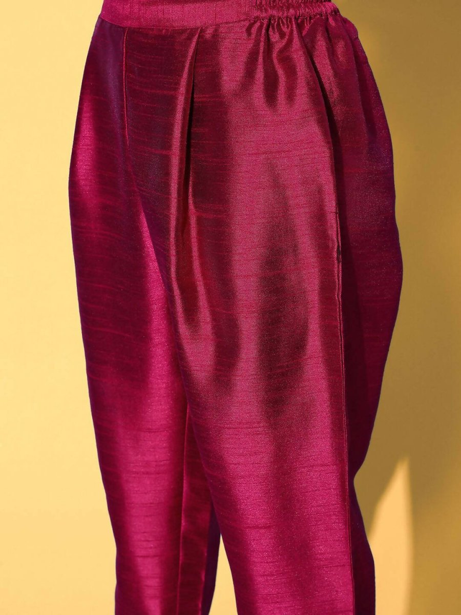 Ahalyaa Women's Wine Colour Poly Silk Gold Paste Printed Kurta Pant Set - Distacart