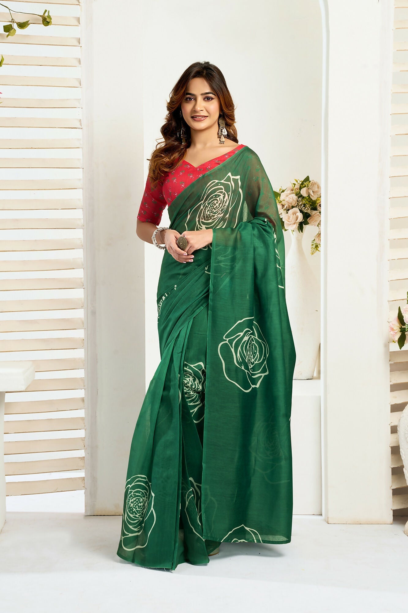 Vastranavya Green Digital Printed Linen Ready To Wear Designer Saree with Unstitched Blouse - Distacart