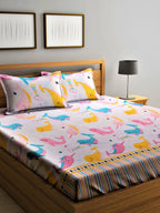Home Sizzler Pink & White Cartoon Characters 210 TC Single Bedsheet with 1 Pillow Covers