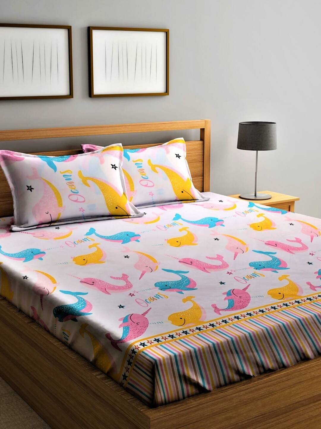 Home Sizzler Pink & White Cartoon Characters 210 TC Single Bedsheet with 1 Pillow Covers