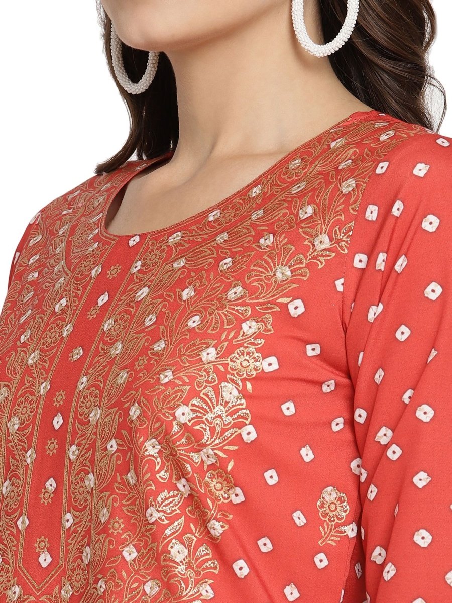 Ahalyaa Red Crepe Bandhani Gold Printed Kurta Pant With Dupatta