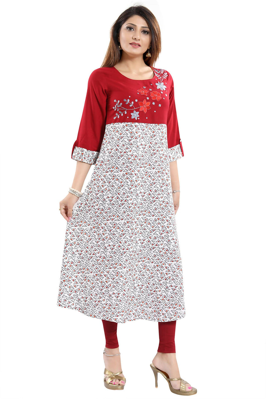 Snehal Creations Magnificent Maroon Rayon Printed Flared Long Tunic - Distacart