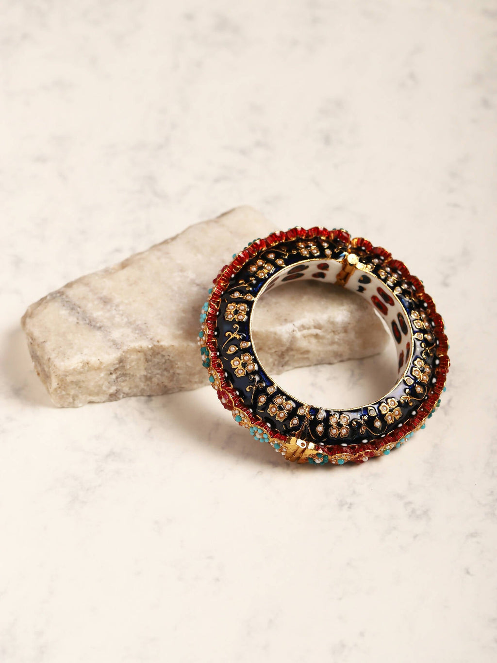 Gold-Plated Blue White Kundan Studded Pearls Beaded Bangle - Ruby Raang - Distacart
