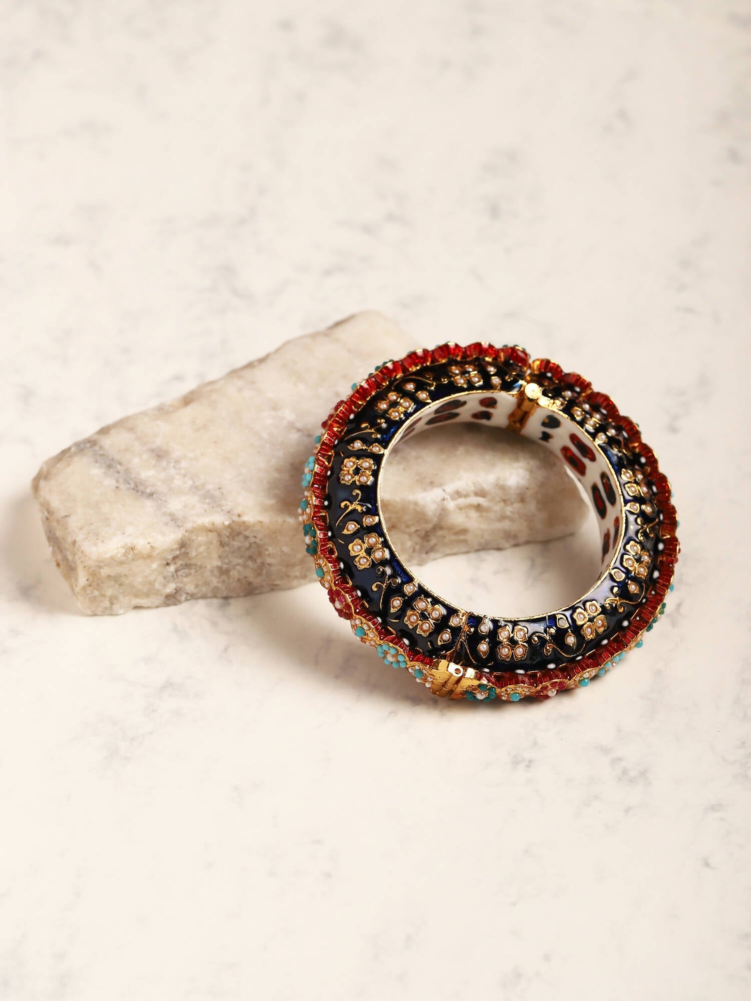 Gold-Plated Blue White Kundan Studded Pearls Beaded Bangle - Ruby Raang - Distacart