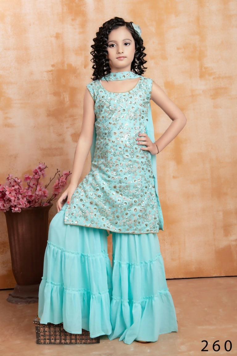 Kids Wedding Designer Sky Fox Georgette Sharara Suit - Aaradhna