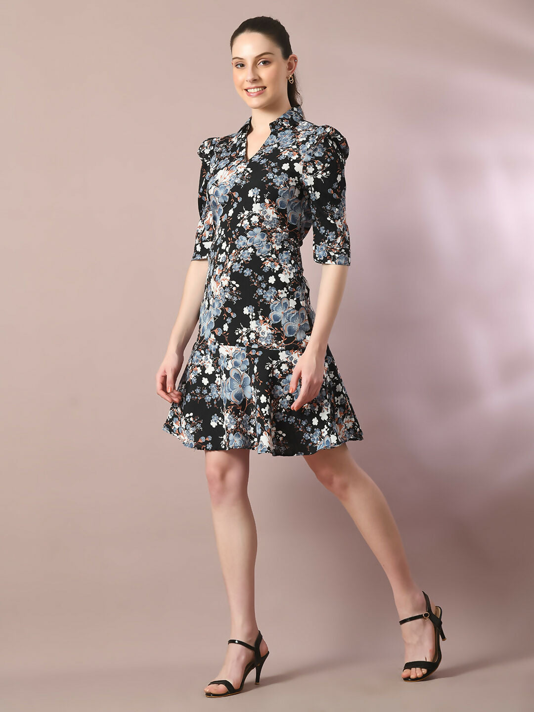 Myshka Women's Black Printed Shirt Collar Fit and Flare Party Dress - Distacart