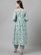 FIORRA Women's Sky Blue Pure Cotton Flared Kurta Set