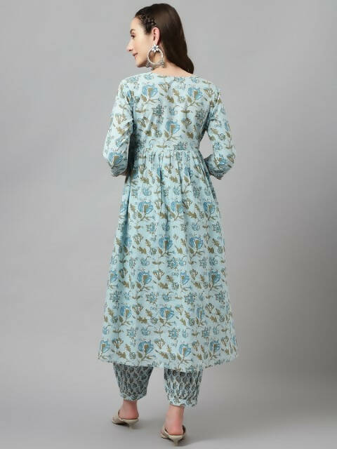 FIORRA Women's Sky Blue Pure Cotton Flared Kurta Set