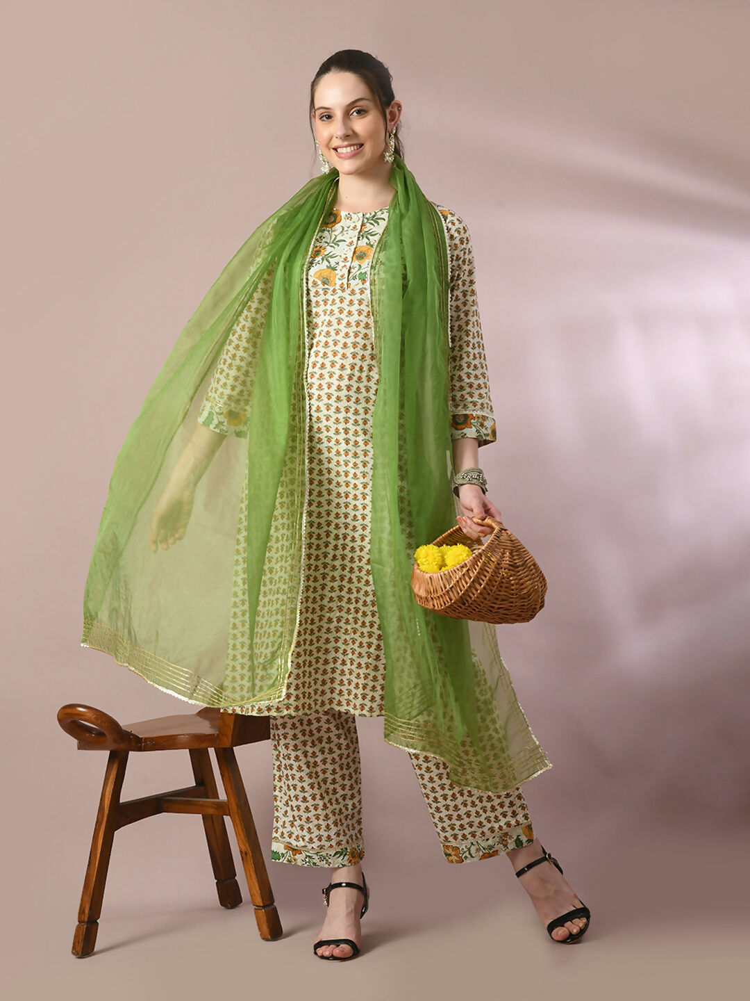 Myshka Women's Multi Printed Cotton Straight Party Kurta Set With Dupatta