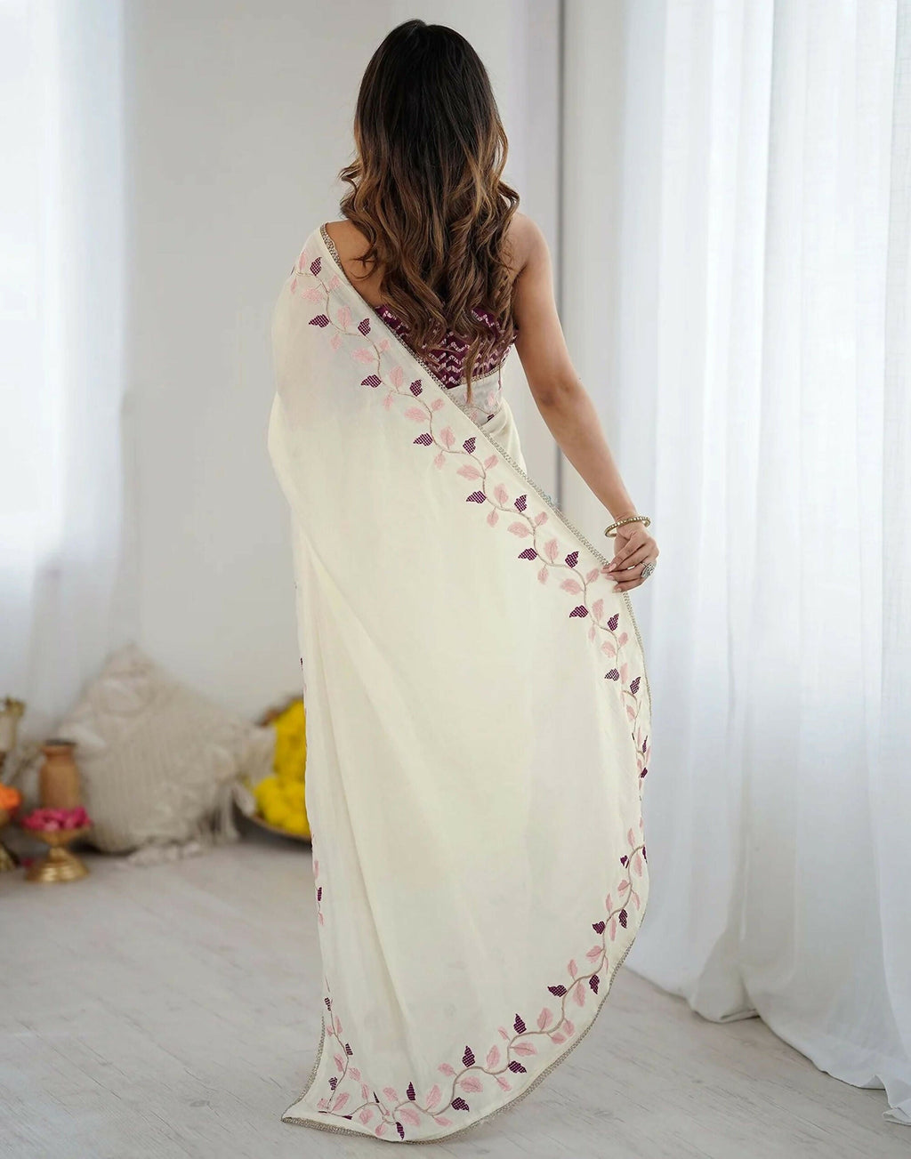 Joban Fashion Silk Off White Color Embroidery Saree - Distacart