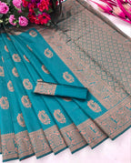 DEIANA'S Beautiful Designer Golden zari Soft Lichi Silk Saree - Blue