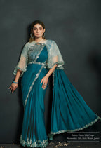 Blue Satin Silk Crepe Cord Sequence & Thread Embroidered & Stone Work Saree - Moh-Manthan Royal Enigma