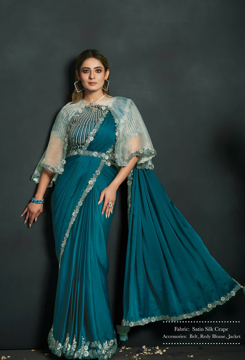 Blue Satin Silk Crepe Cord Sequence & Thread Embroidered & Stone Work Saree - Moh-Manthan Royal Enigma