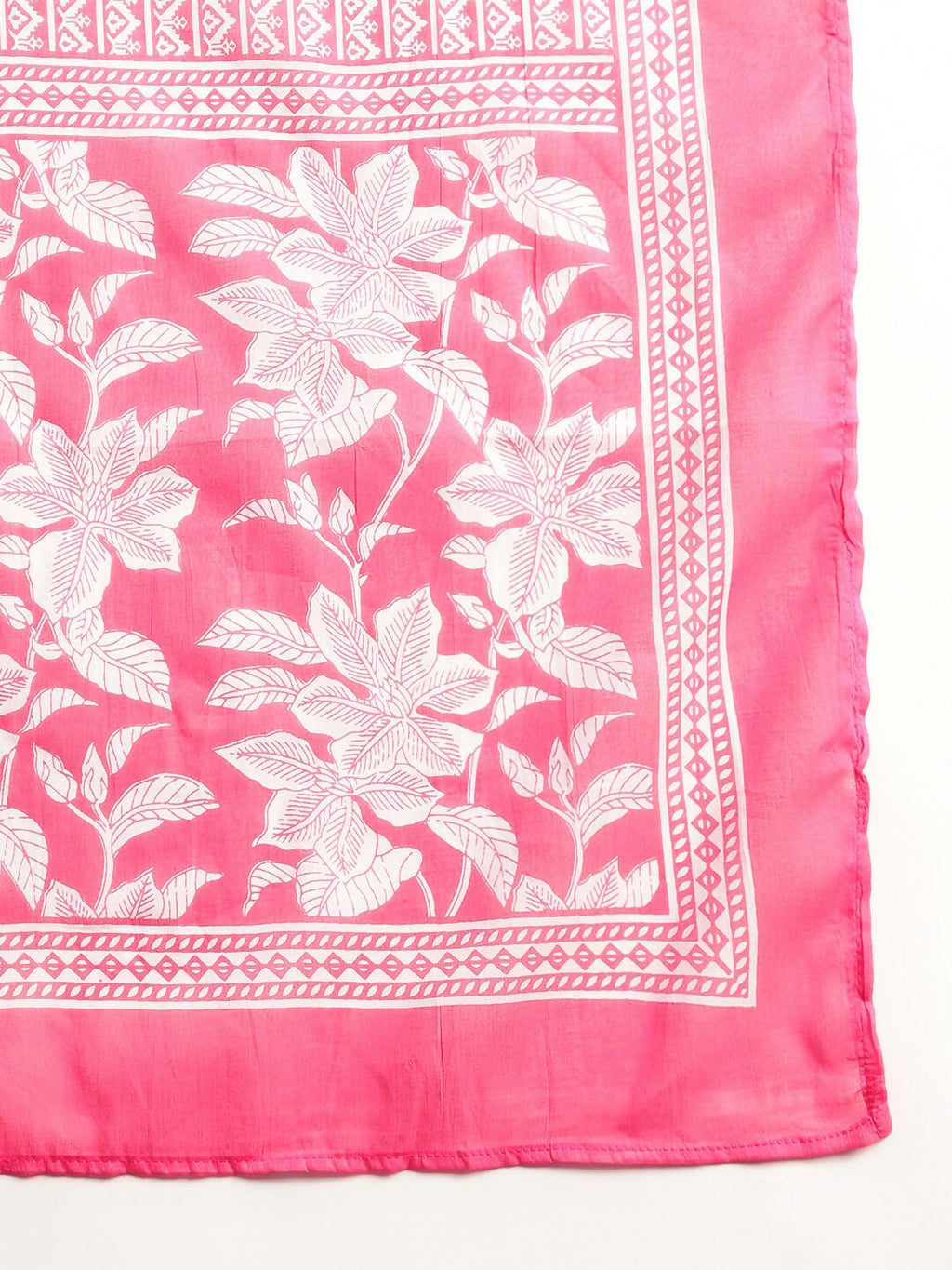 Aavyora Women's Pink Floral Cotton Kurta with Lace Detailing, with Trouser & Dupatta