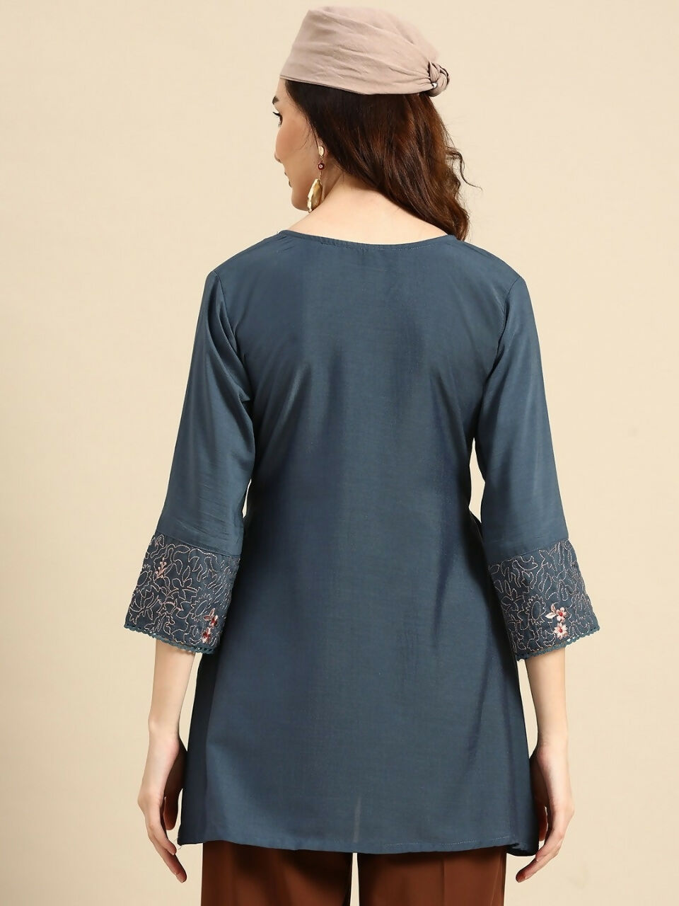 Women's Turquoise Blue Viscose blend Embroidered Short Top - Marina