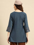 Women's Turquoise Blue Viscose blend Embroidered Short Top - Marina